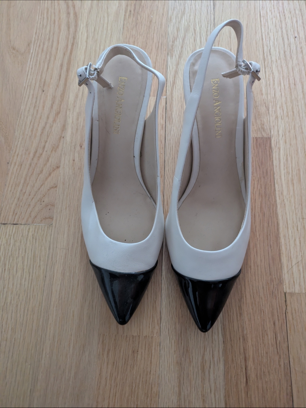 Enzo Angiolini White Slingback Pumps with Black Pointed Toe